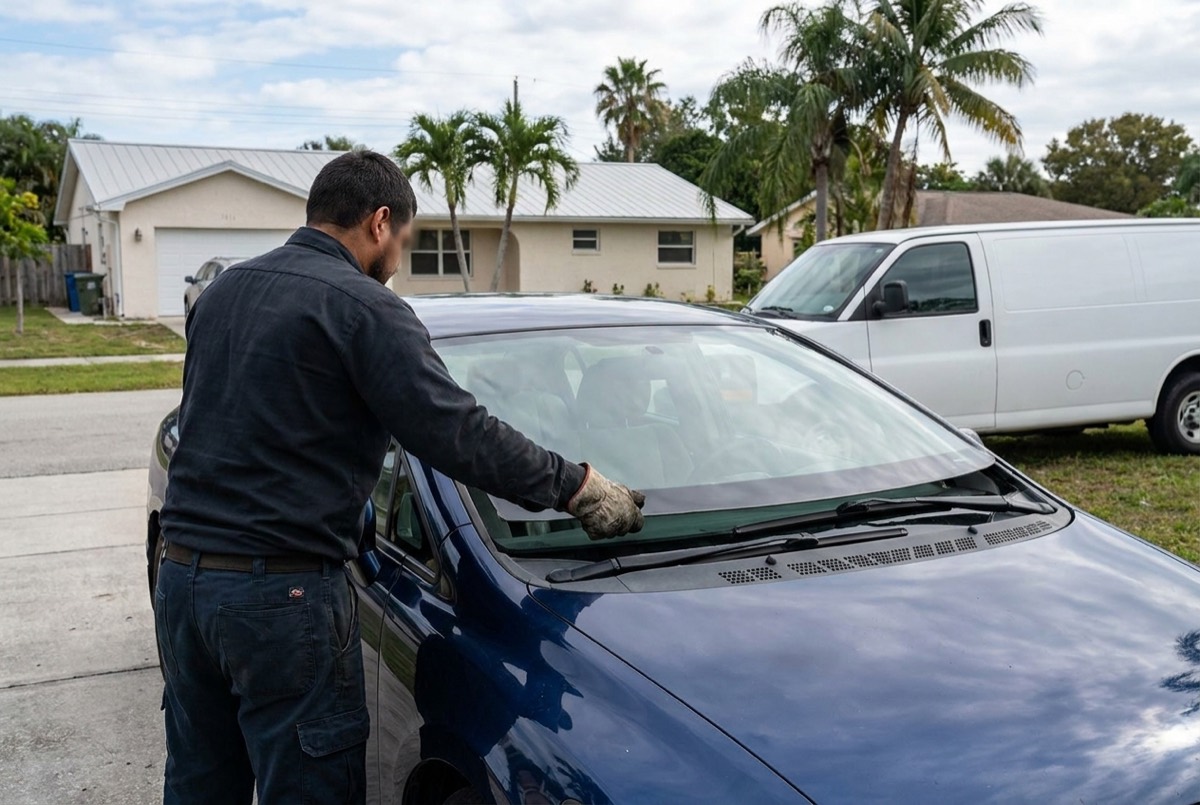 Illustration of an auto glass technician working on a car windshield in a residential driveway