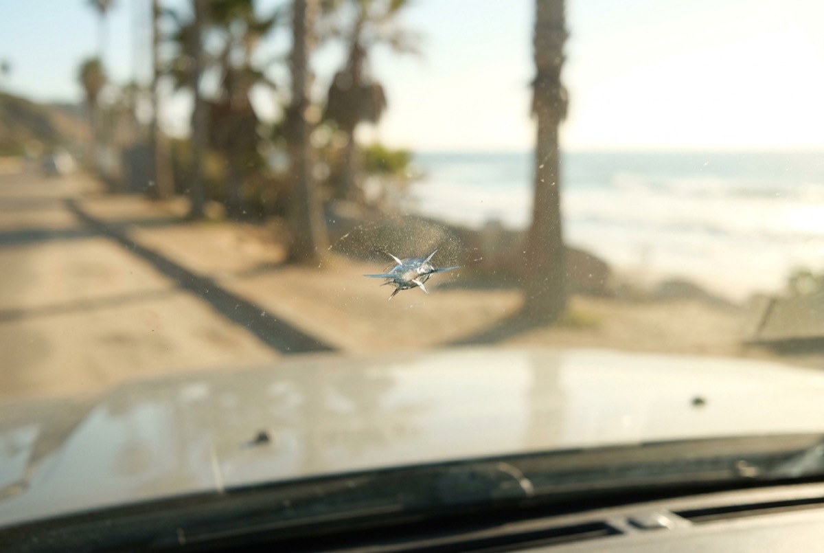 Illustration of a small star-shaped chip on a car windshield with a coastal road and palm trees behind it