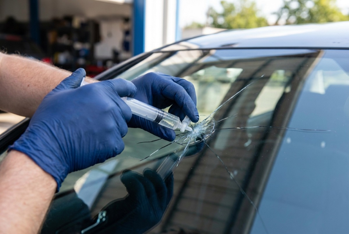 Illustration of a technician in blue gloves injecting resin into a chip on a car windshield